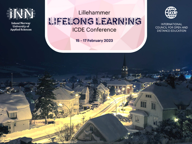 Winter image of Lillehammer, Norway, with logos for Lillehammer Lifelong Learning ICDE Conference, ICDE and Inland Norway University of Applied Sciences. 